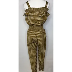 RW&A Rwanda Clothing Women Olive Striped Cold Shoulder Smocked Waist Jumpsuit thumbnail 7