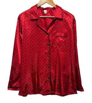 PINK‎ K Victorias Secret Satin Pajama Sleep Shirt Top Red M Polka Dot Loungewear thumbnail 1