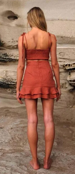 Aulieude Linen Ruffled Cinch Tie Mini Skirt thumbnail 5