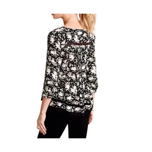 Maeve‎ Anthropologie Floral Lace Trim Blouse Womens 10 Black Boho Pleated Rayon thumbnail 3