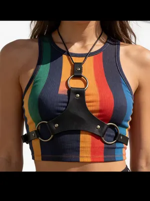 Black Leather Harness Necklace with Brass Rings thumbnail 2