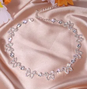 Silver butterfly choker necklace with rhinestones thumbnail 1