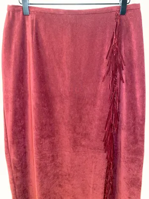 Norton McNaughton Western Burgundy Fringe-Trim Maxi Skirt Faux Suede Size 10 thumbnail 3