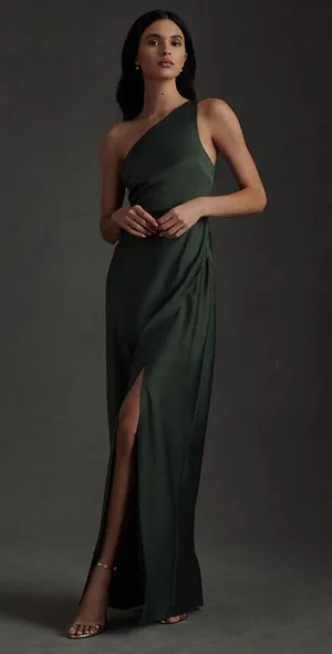 BHLDN Dylan One-Shoulder Satin Side-Slit Gown Green sz 8 thumbnail 1