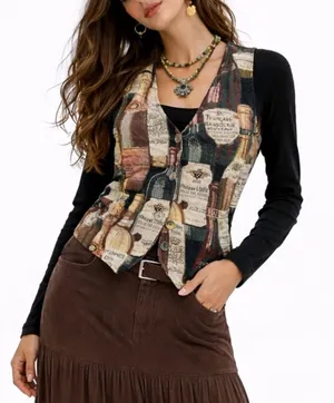 Vintage Wine Bottle Print Vest | USA-Made | Textured Fabric Quirky Button-Up LG thumbnail 1