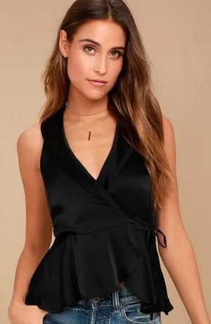 NWT Sz 0 Free People Suit Up Black Satin Wrap Top thumbnail 1