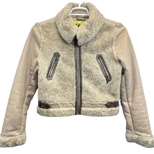 Ashley B Jacket Aviator Faux Shearling Cropped Zippers Biker Moto Beige‎ Size M thumbnail 1