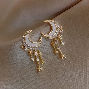 18K Gold Moon Stars Tassel Stud Earrings thumbnail 1