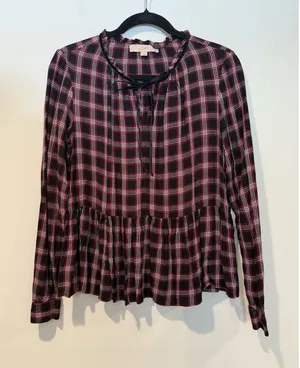 Loft Blouse Womens Small Plaid Ruffle Preppy Academia Twee Travel Collegiate thumbnail 1