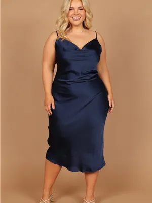 NWOT Petal & Pup Navy Satin Cowl Midi Slip Persia Dress Size 10 thumbnail 2
