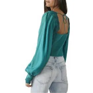 Free People Size-XL/T Women's Top Janelle Green Balloon Sleeve Lace Trim Smocked thumbnail 3