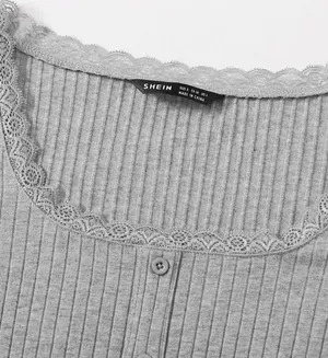 SheIn Lace Trim Button Front Rib Knit Tee thumbnail 4