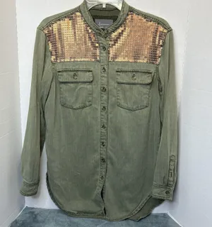 Anthropologie Army Green Cotton Blend Shirt Jacket w/ Copper Sequins Size 2 thumbnail 1