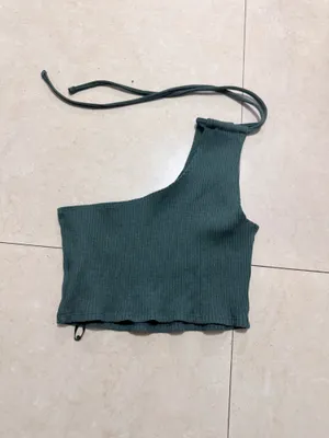 Aerie One-Shoulder Crop Ribbed Top olive green thumbnail 3