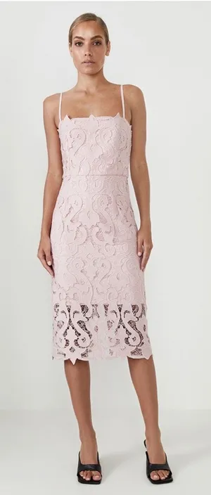 REVOLVE Bardot Lina Lace Sheath Dress NWT Size 8 Rose Pink Midi thumbnail 1