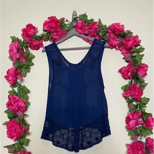 Free People Navy Blue Sheer Beaded Run With It Tank Top thumbnail 8