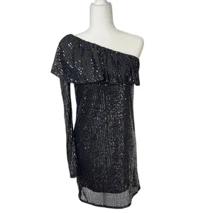 Nasty Gal One Shoulder Long Sleeve Black Sequin‎ Mini Dress Size Large New thumbnail 2