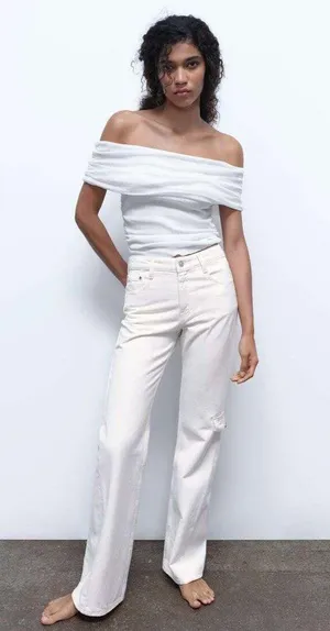 ZARA NWT White ruched off the shoulder top. Size Medium thumbnail 2