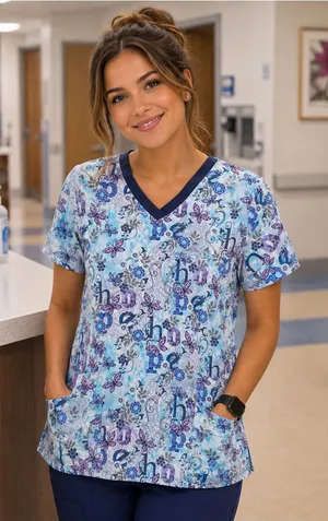 UA Scrubs Butter-Soft Blue Butterfly Hope Scrub Top L ~ Nurse Uniform thumbnail 1