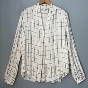 Michael Kors Shirt Size XL Ivory Windowpane Plaid White Metallic Gold Popover thumbnail 1