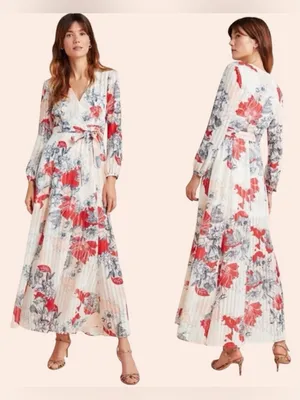 Anthropologie Hutch Giselle Floral Chiffon‎ Wrap Maxi Dress Red Jardin Sz Medium thumbnail 2