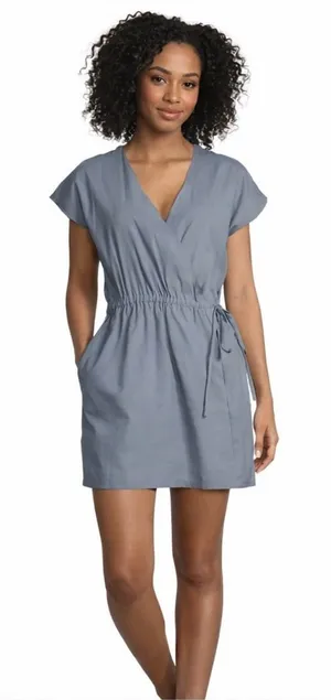 Theory Short Sleeve‎ Linen Blend Wrap Front Romper Size 8 Gray Minimalist thumbnail 1