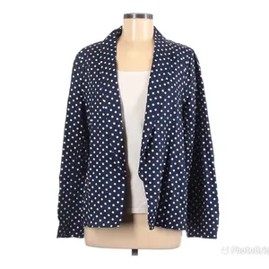 L’ACADEMIE Polka‎ Dot Linen Blazer Medium Navy Blue White Boyfriend Open Front thumbnail 2