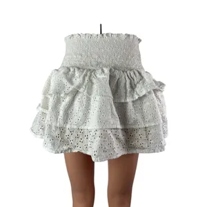 Lolli White Smocked Embroidered Eyelet Tiered Ruffle High Waist Mini Skirt Sz M thumbnail 3