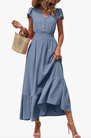 NEW Blue V Neck Swiss Dot Ruffle Tiered Maxi Dress Smocked XL thumbnail 1