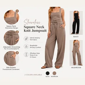 Women’s Sleeveless Square Neck Knit Jumpsuit – Soft Stretchy Wide Leg One Piece with Drawstring Waist & Pockets thumbnail 4