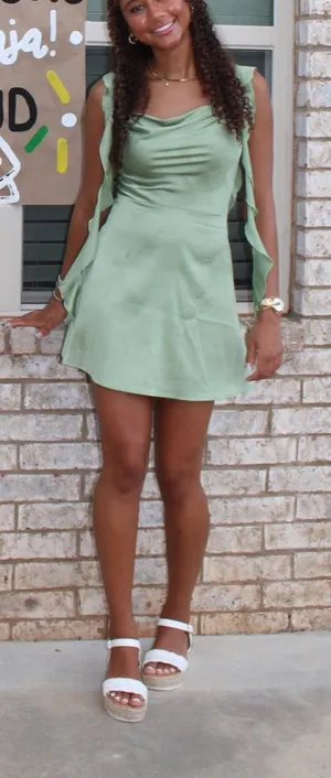 Cider Satin Ruched Ruffle Hem Green Mini Dress thumbnail 3
