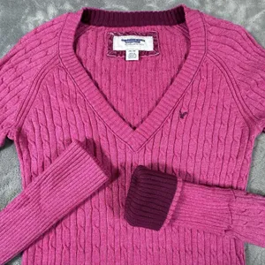 Y2K American Eagle V Neck Fitted Cable Knit Pink Sweater Bella Womens Medium thumbnail 1