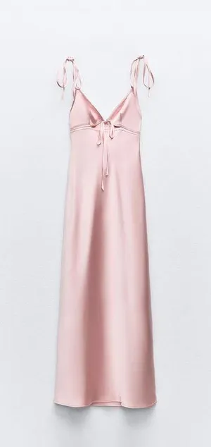 Zara dress maxi satin effect slip dusty pink tied wedding party evening thumbnail 14