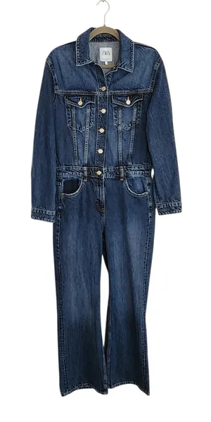 Zara Medium Wash Bootcut Denim Jumpsuit Size Medium thumbnail 1
