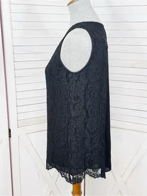 WHBM‎ Lace Front Pleated Chiffon Back Sleeveless Tank Top Black XS Coquette Goth thumbnail 2