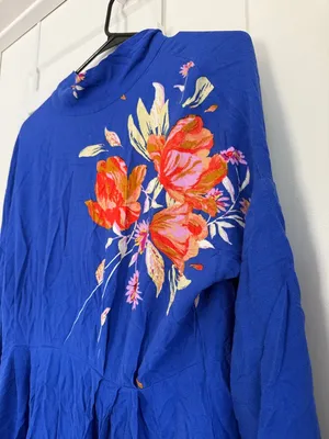 Free People Gemma Blue Floral Long Sleeve Tunic Minidress Open Back Size Medium thumbnail 3