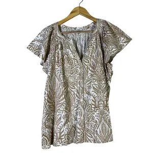 LOFT Floral Flutter Sleeve V-Neck Top Brown Cotton Tropical Boho Coastal Size M thumbnail 2