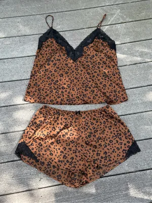 Auden Brown Leopard-Print Lace Trim Cami & Short Set thumbnail 2