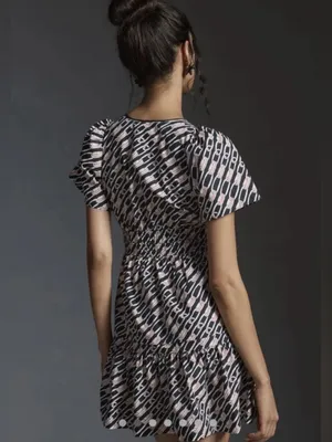 Anthropologie Somerset Cotton Smocked Waist Mini Dress Navy Link Pattern Large thumbnail 3