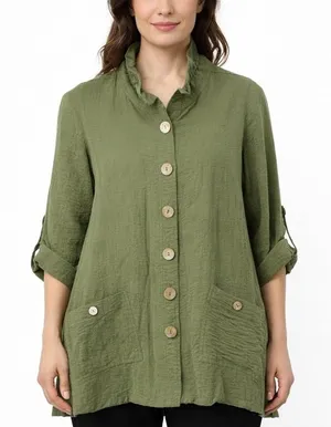 JOHN MARK Olive Green Textured‎ Button Front Shirt Tunic Top Size Small Roll Tab thumbnail 1