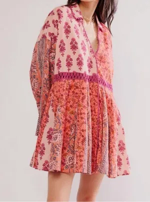 Free People Hazy Baby Mini Dress In Pink Rose Combo Large Nwot thumbnail 3