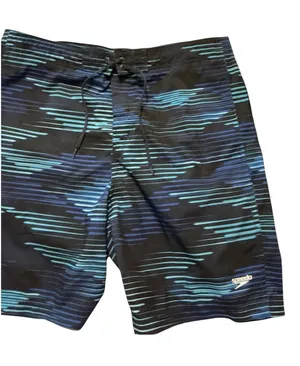 Speedo Men’s Board Shorts Swim Trunks Blue Black Wave Print Size L (38" Waist, 9" Inseam) thumbnail 1