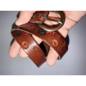 Tooled Leather Belt Red Stars Western Cowgirl Brown‎ Vtg Slim 37" Large thumbnail 2