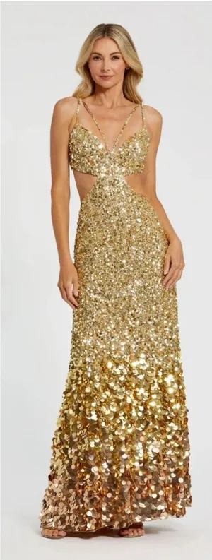 NWT Mac Duggal 6077 Gold Thin Strap Cut Out Gown With Ombre Sequins Size 8 thumbnail 1
