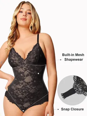 NWT Popilush Tummy Control Lace V-Neck Shapewear Slimming Bodysuit Black Size L thumbnail 4