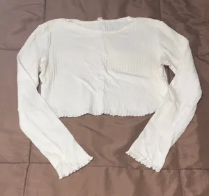 White Ribbed Cropped Long Sleeve Top Size M thumbnail 1