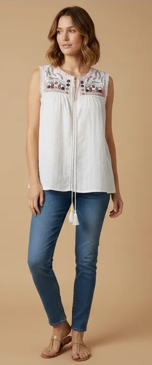 Main Strip White Embroidered Tassel sleeveless top thumbnail 1