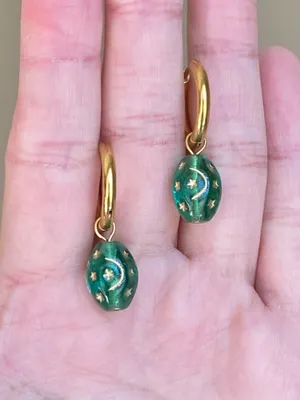Handmade boho vintage fairy whimsical style quality Czech glass moon/star hoop earrings🌝🌠💚⭐️ thumbnail 5