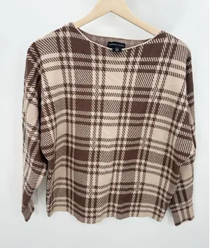 Adrienne Vittadini Brown Plaid Boxy Sweater Sz M‎ Quiet Luxury Minimal Neutral thumbnail 1
