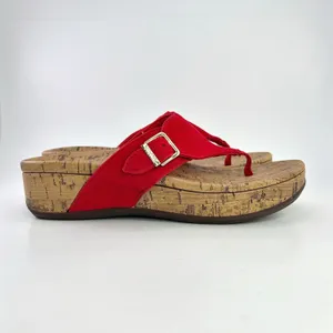 Vionic Orthaheel Marbella Red Textile Thong Buckle Cork Wedge Sandals 8W Coastal thumbnail 5